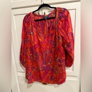 Ralph Lauren Silk size XL V-neck Bright Color Blouse w/ 3/4 sleeves